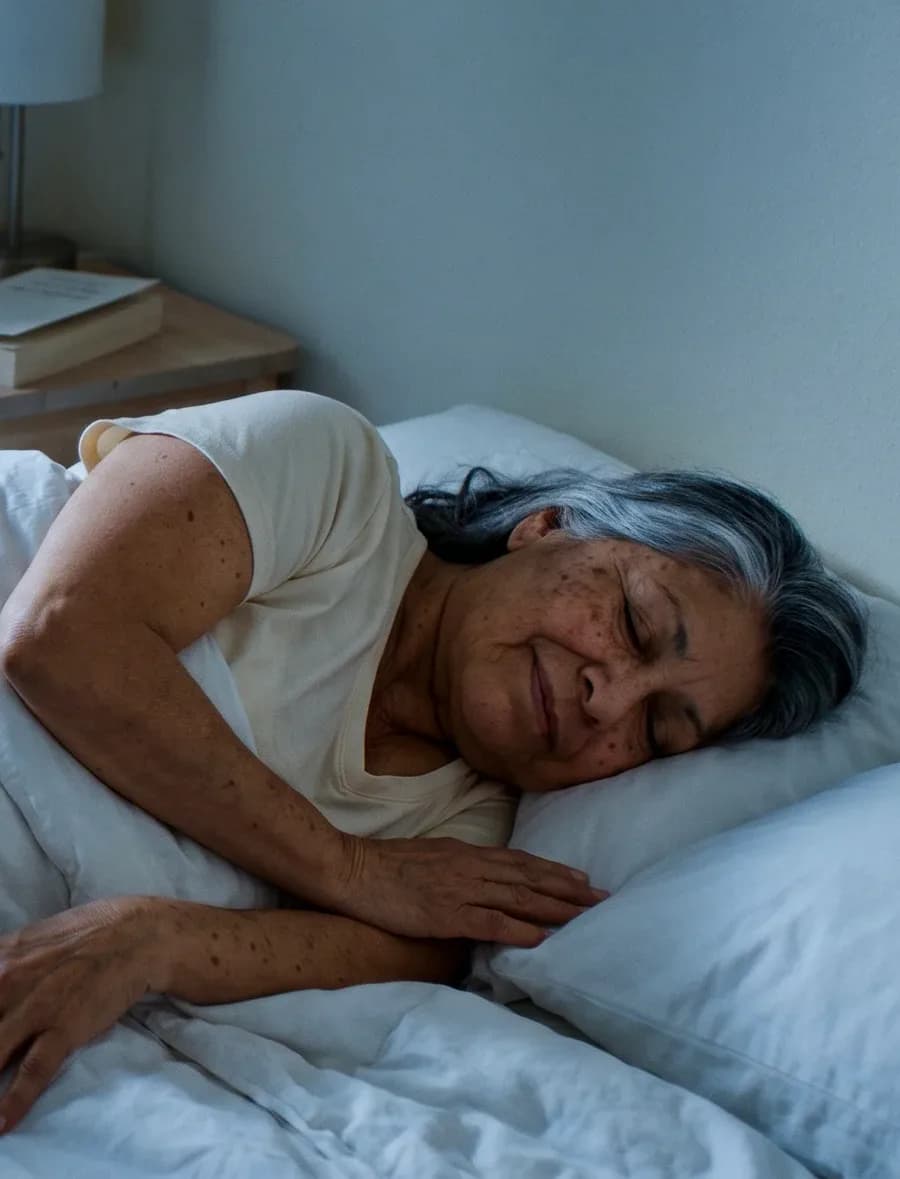 An older woman sleeping comfortably in her own bed, moonlight at the window
