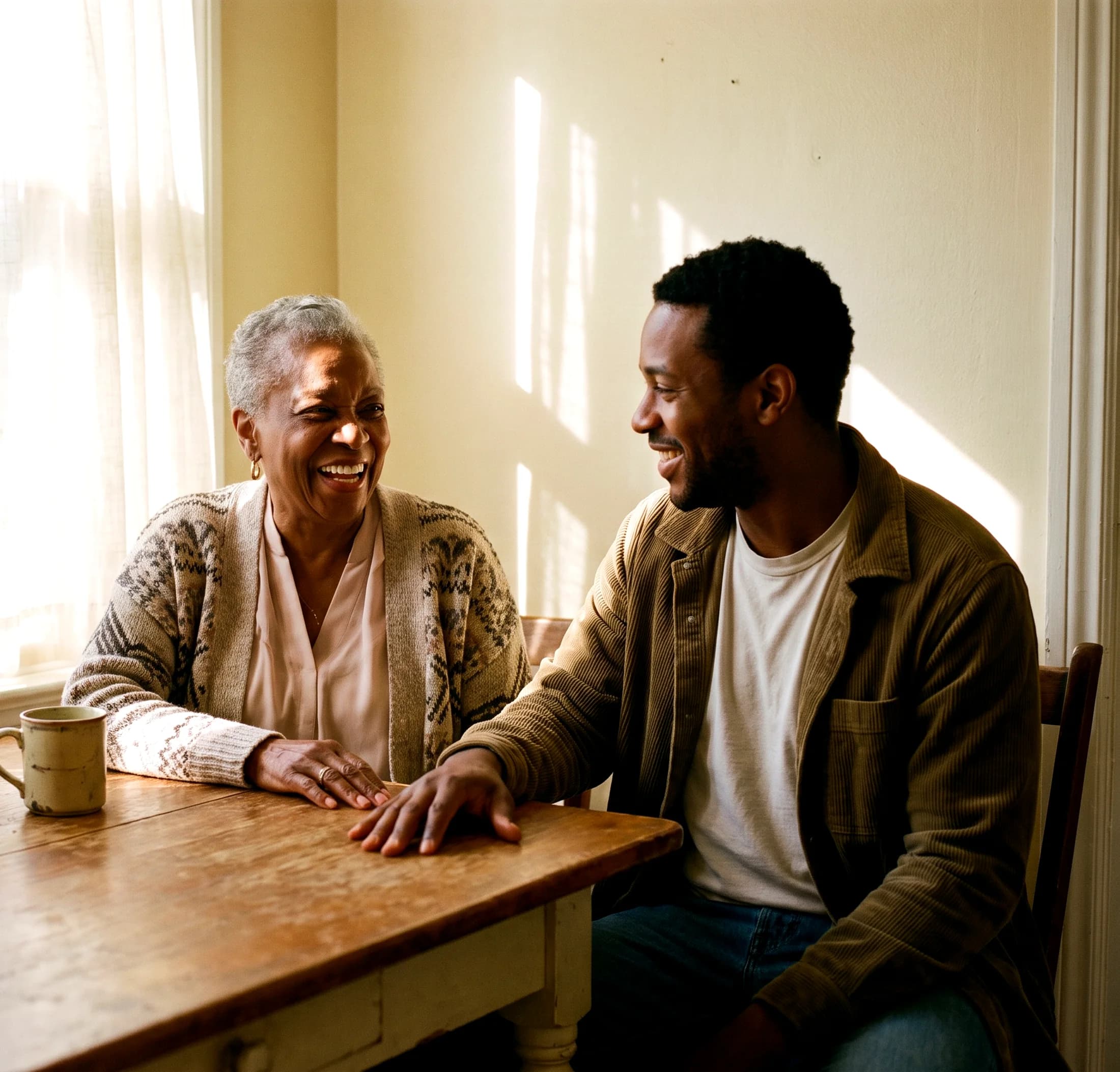An older woman and her adult son talking at a kitchen table