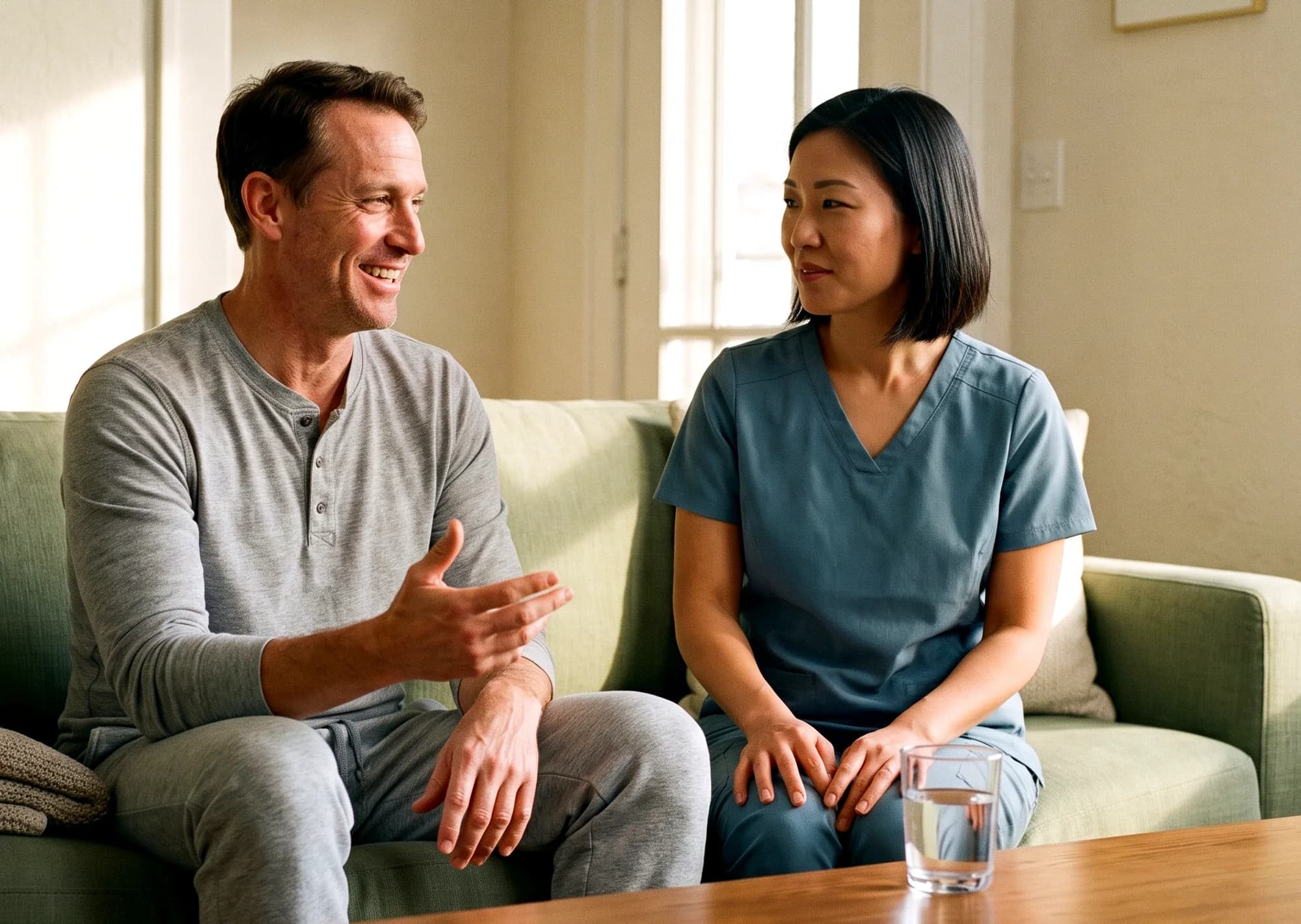 A caregiver in blue scrubs talking with a man on a living room sofa