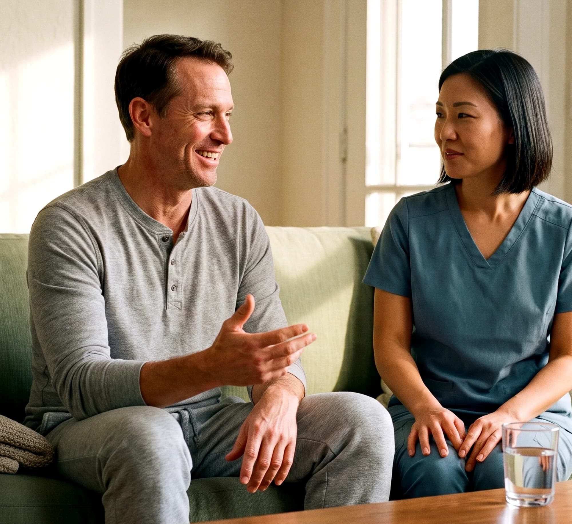 A caregiver sitting on the sofa with a man recovering at home, a glass of water on the table