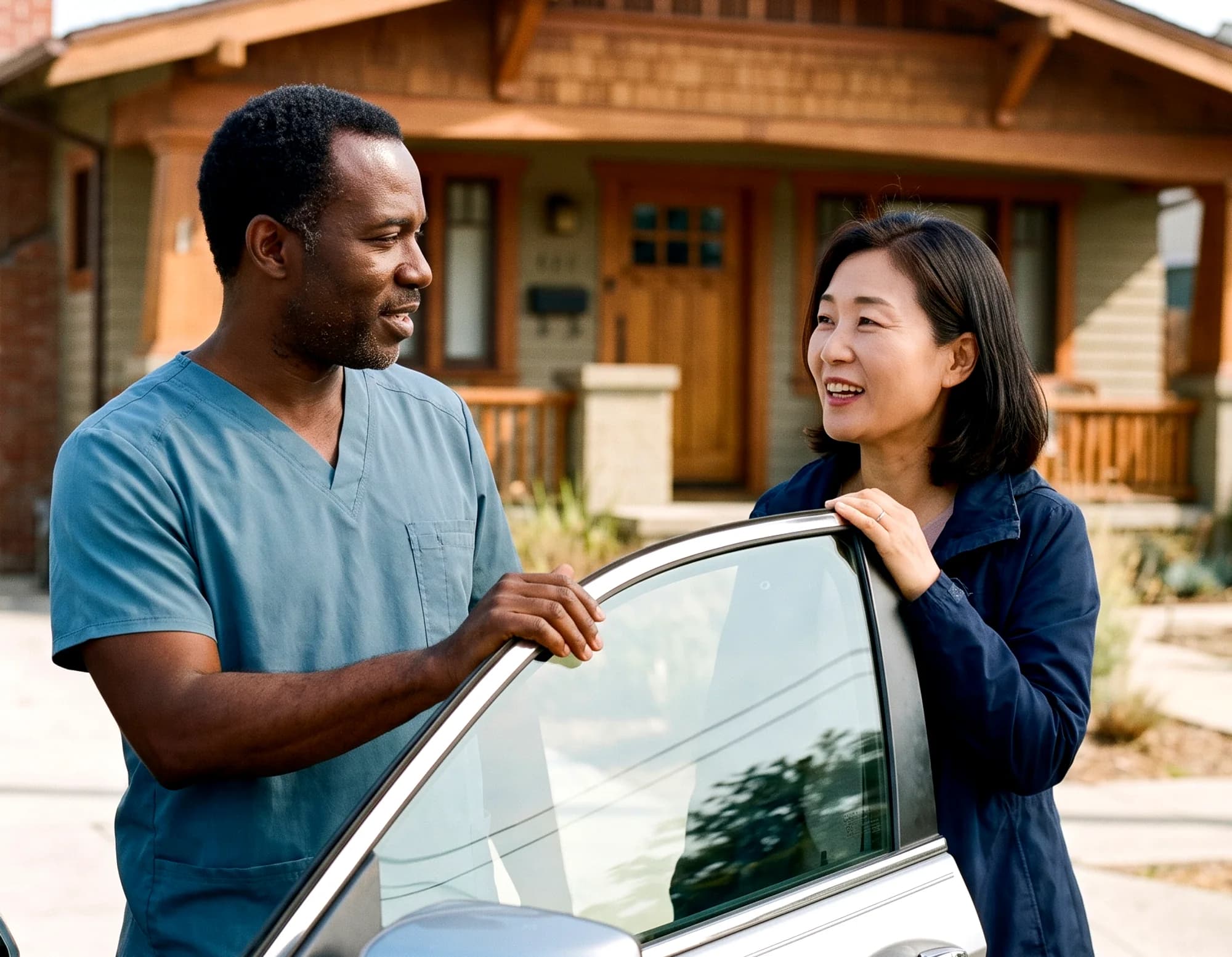 A caregiver holding a car door as a woman gets ready for an appointment