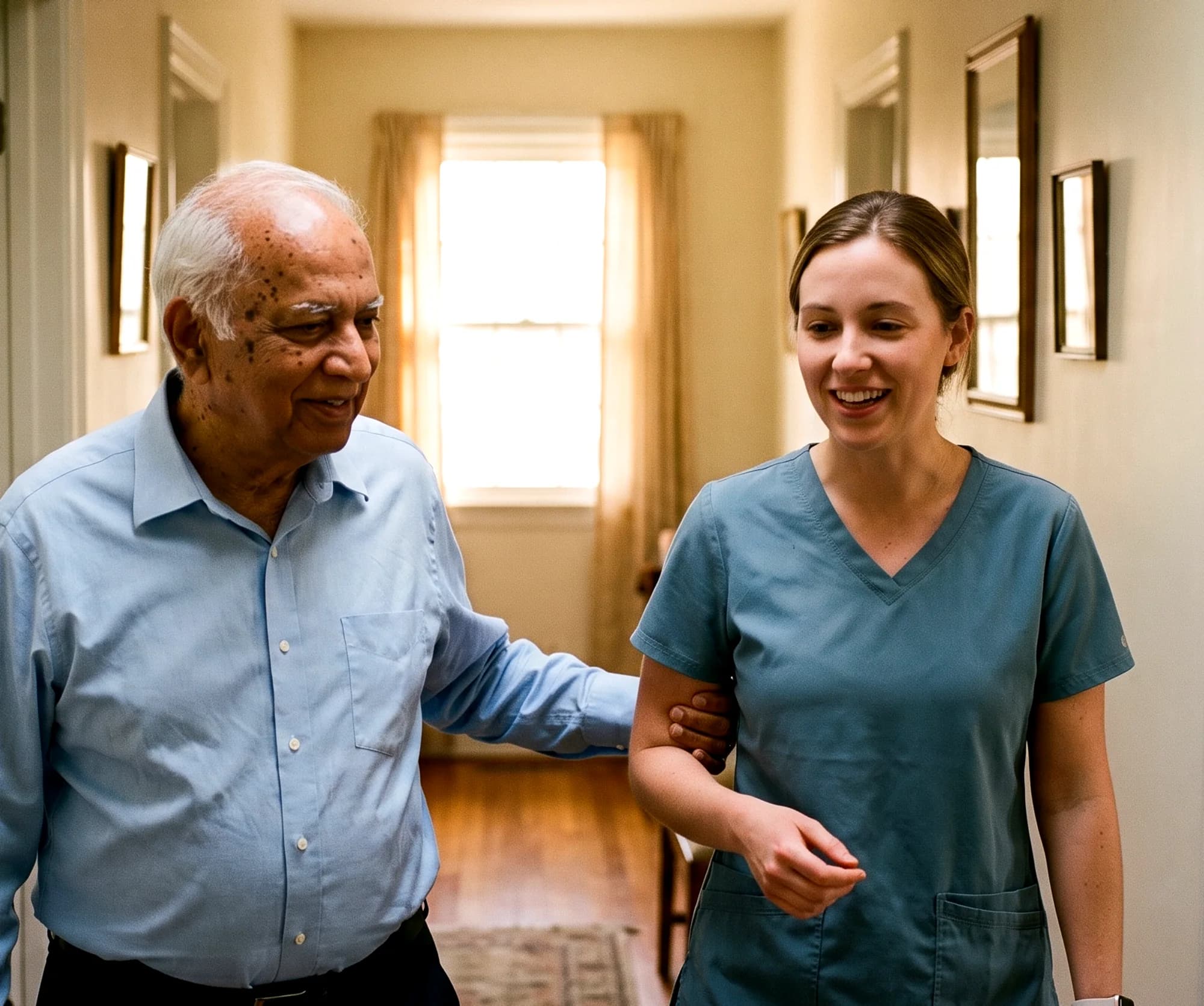 A caregiver walking an older man down a sunlit hallway, his hand on her arm