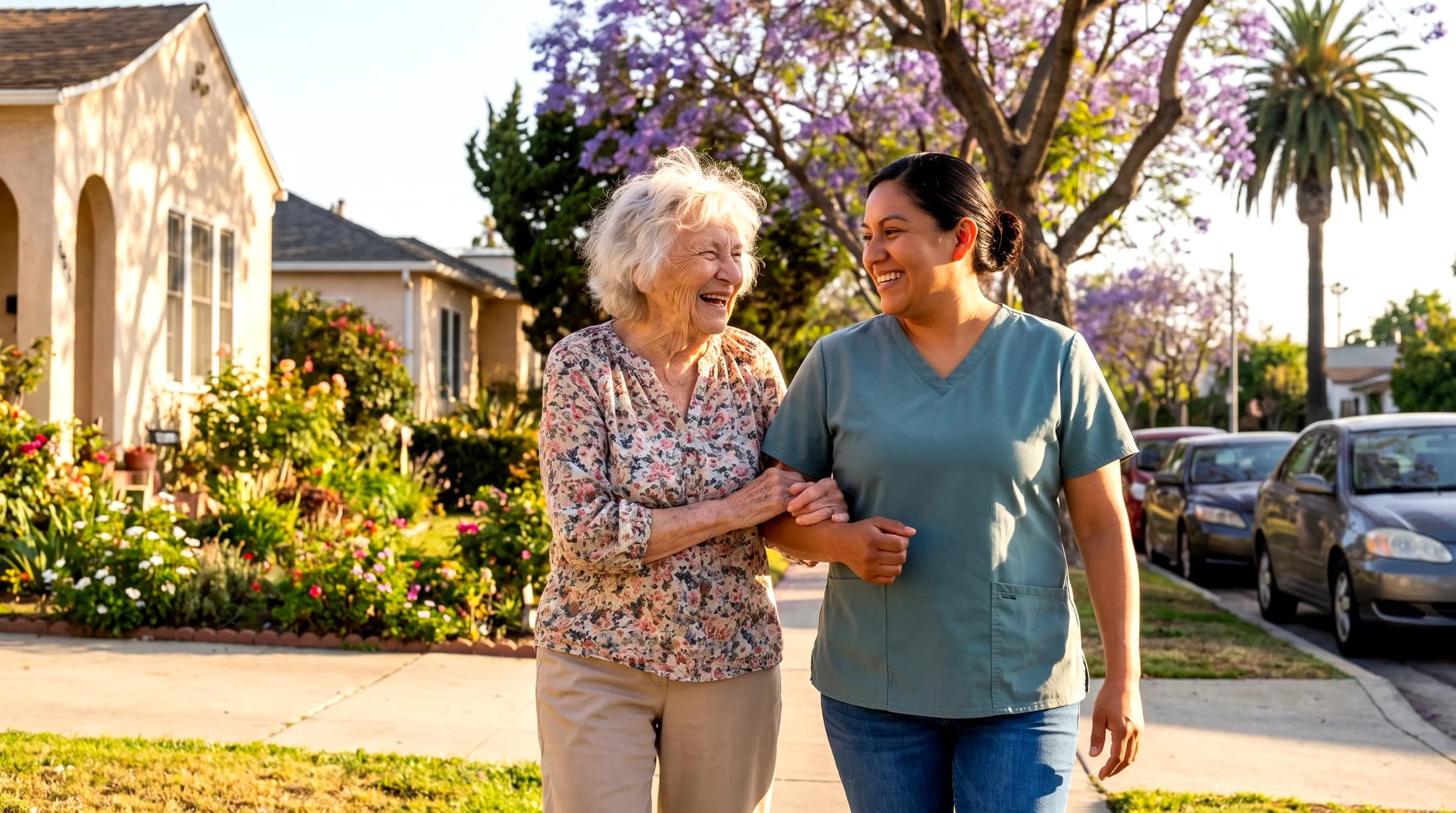 A caregiver in a teal uniform walking arm in arm with an older woman on a sunny sidewalk