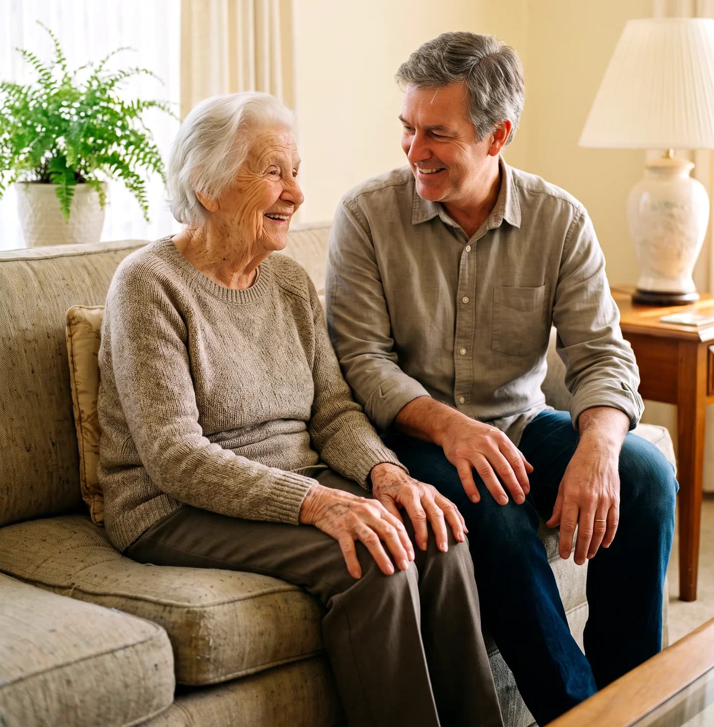 An older woman sitting on a sofa with her adult son, both smiling at each other in a sunlit living room