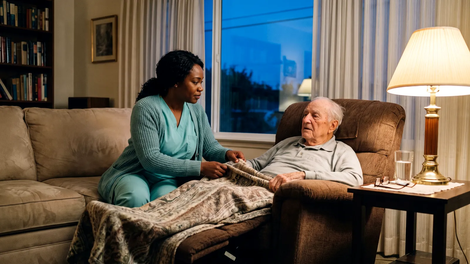 A caregiver tucking a blanket over an older man resting in a recliner in a lamp-lit living room at dusk
