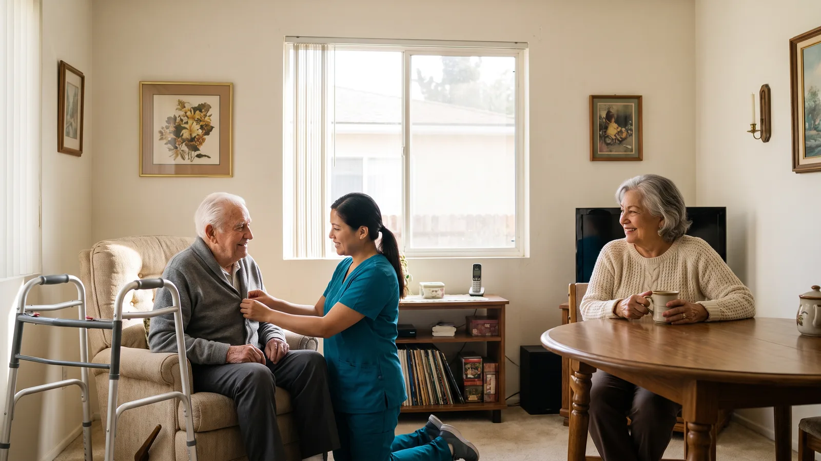 A caregiver in a teal scrub top helping an older man with his cardigan while his wife smiles over a cup of tea at the dining table