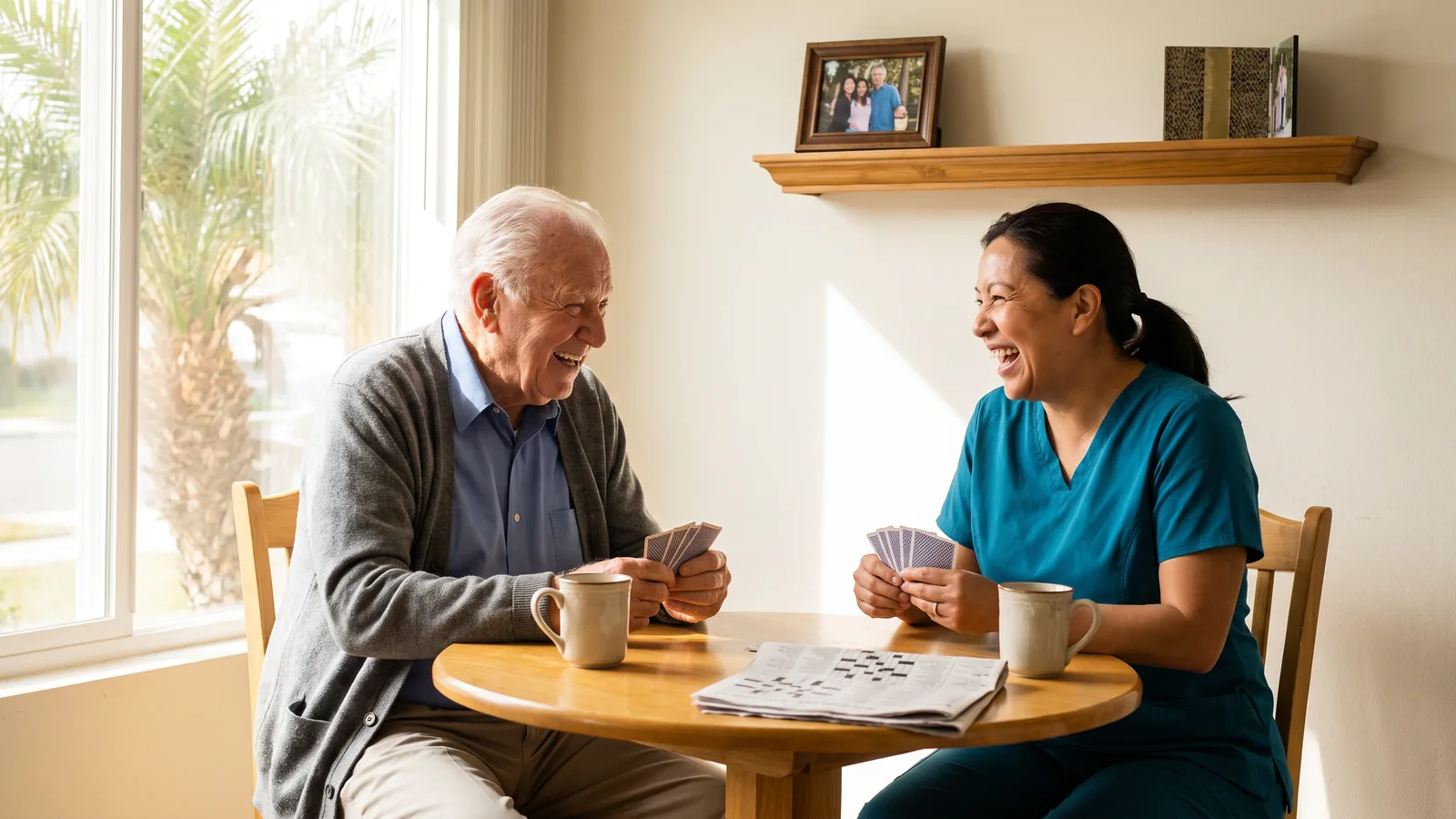 A caregiver in a teal scrub top playing cards and laughing with an older man at a sunny living room table
