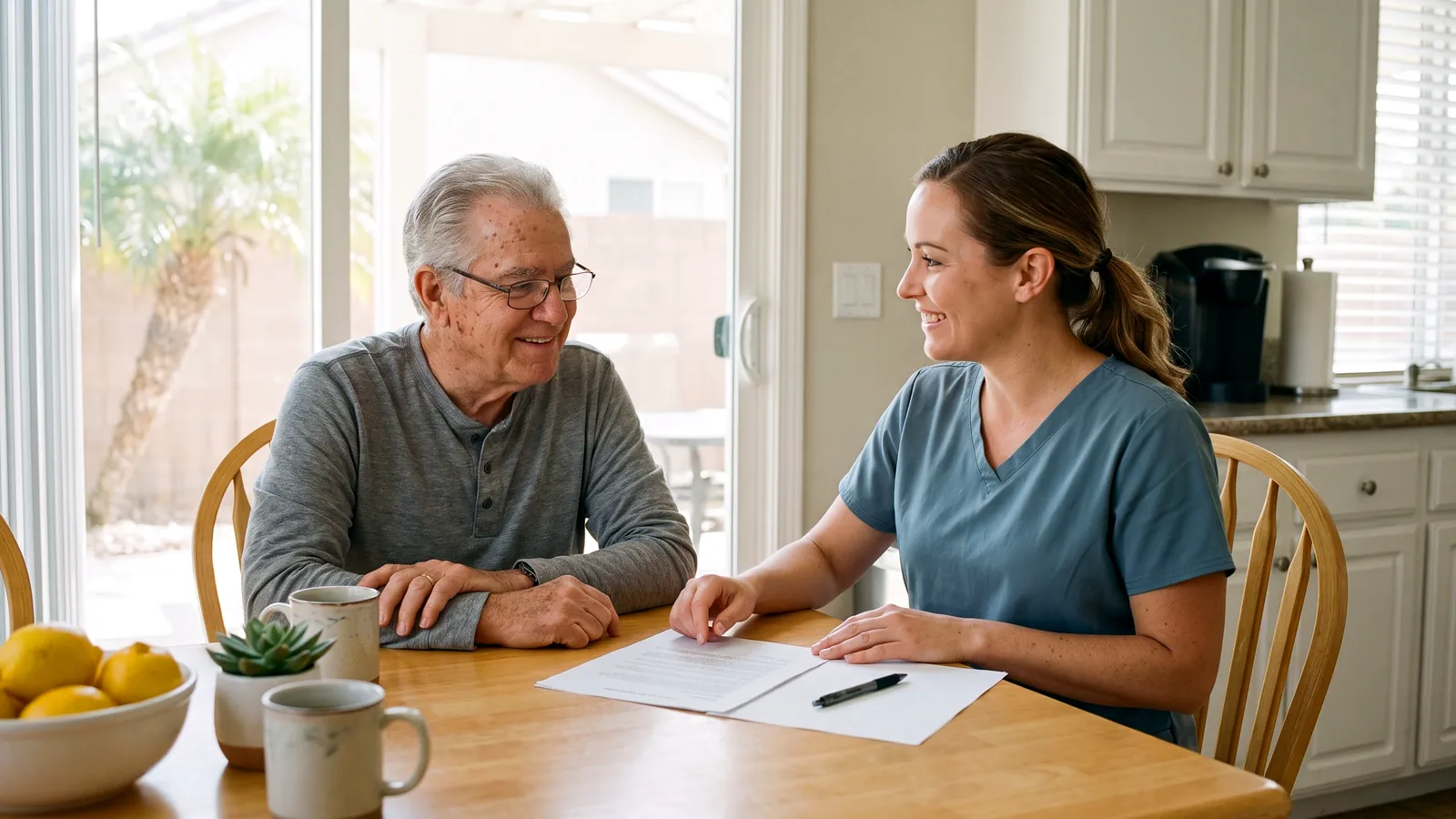 A caregiver in a teal scrub top going over a few printed pages with an older man at a sunny kitchen table