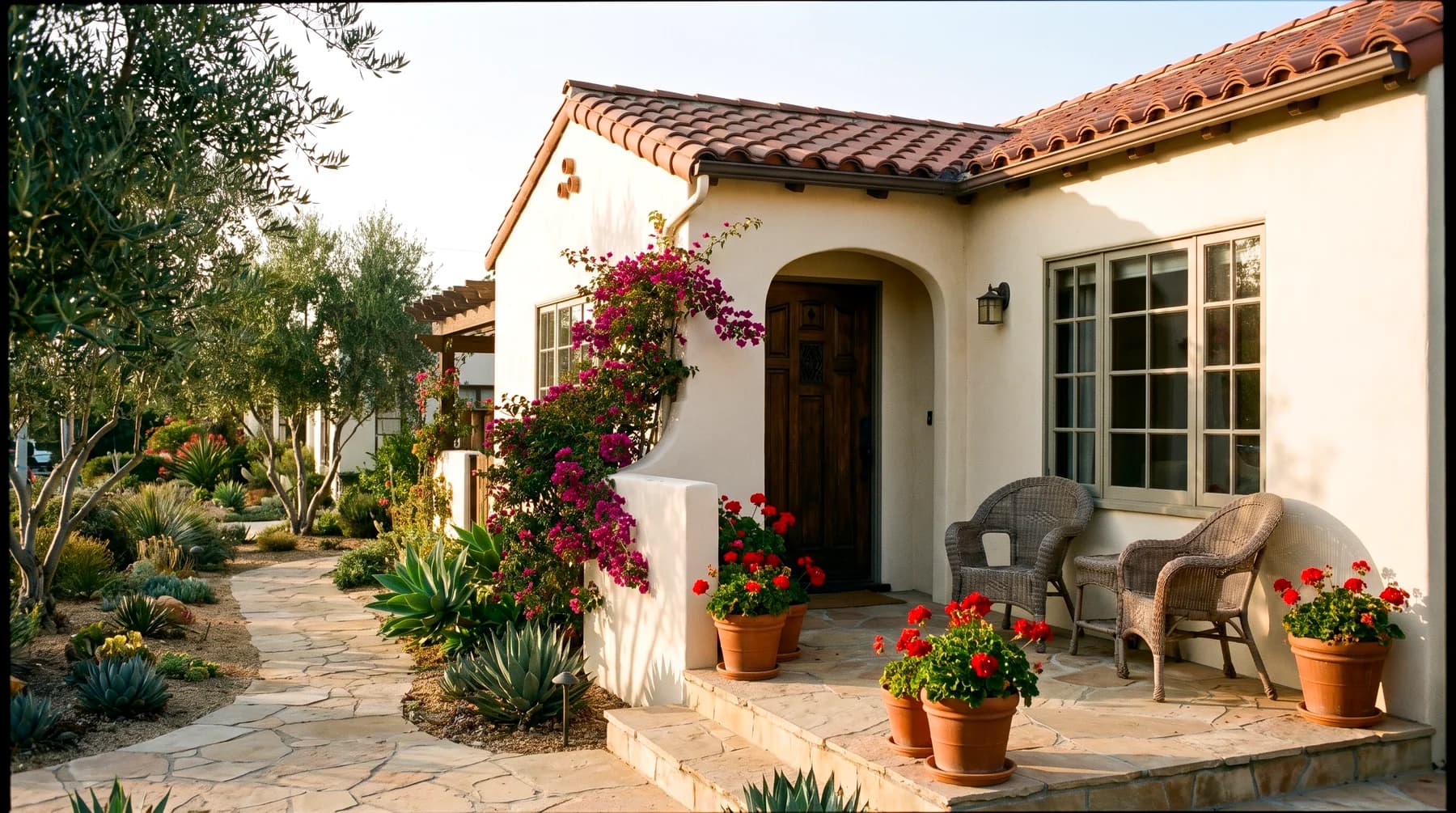 The front porch of a Spanish-style South Bay bungalow with two empty wicker chairs