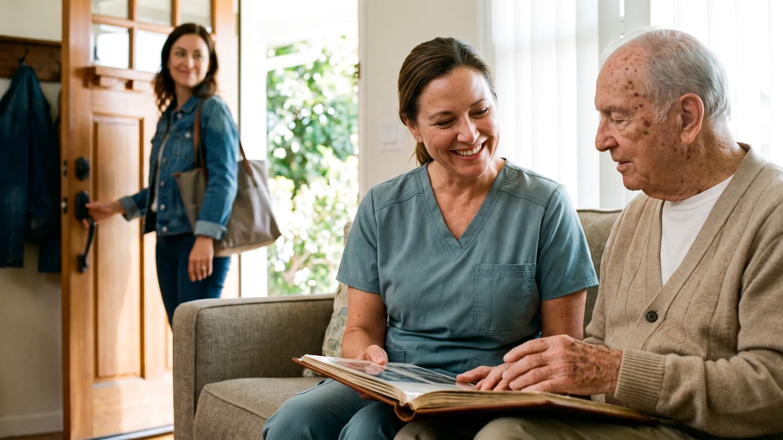 A caregiver looking through a photo album with an older man on the sofa while his daughter smiles from the front door on her way out