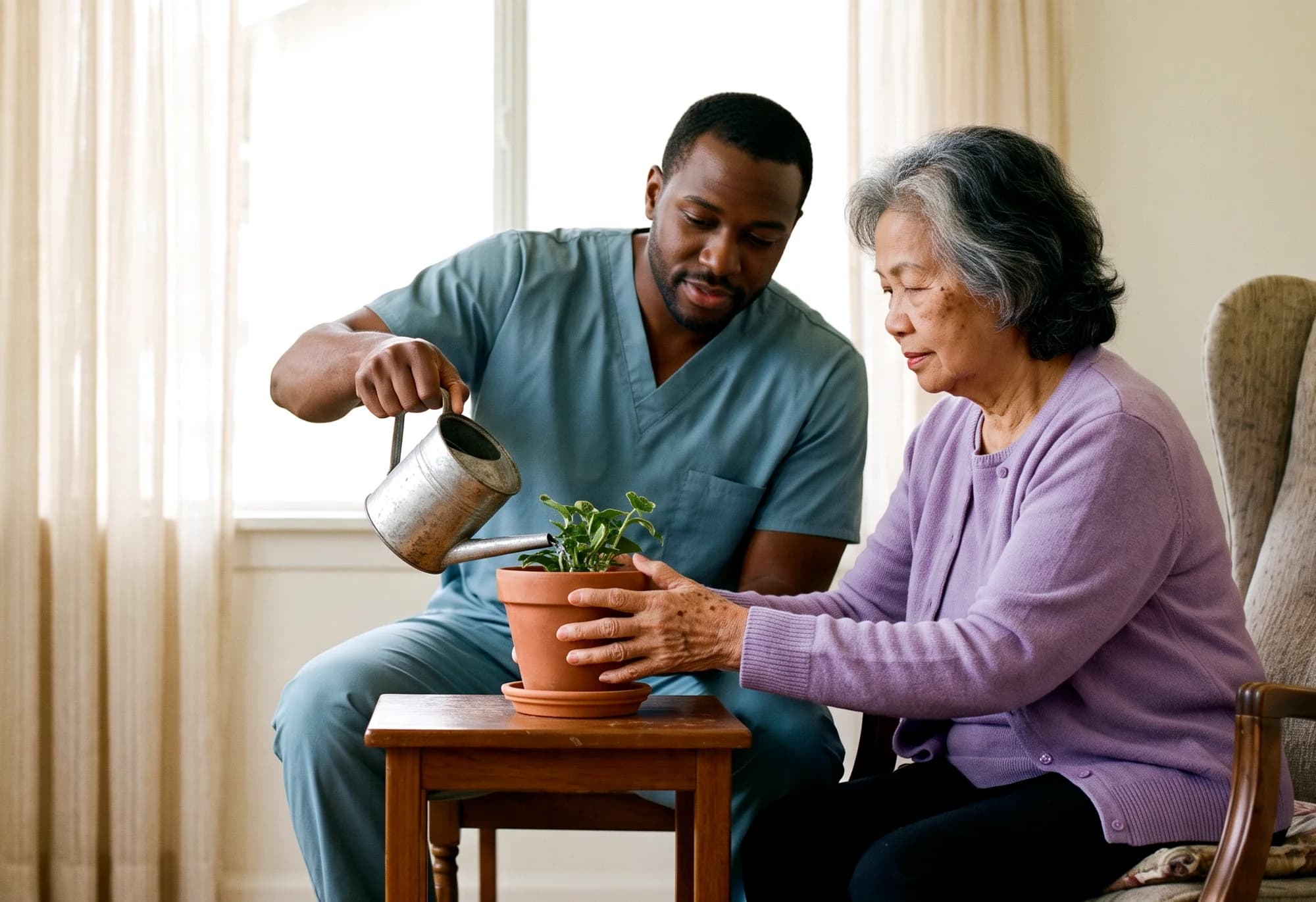 A caregiver watering a houseplant with an older woman in a sunlit room at home