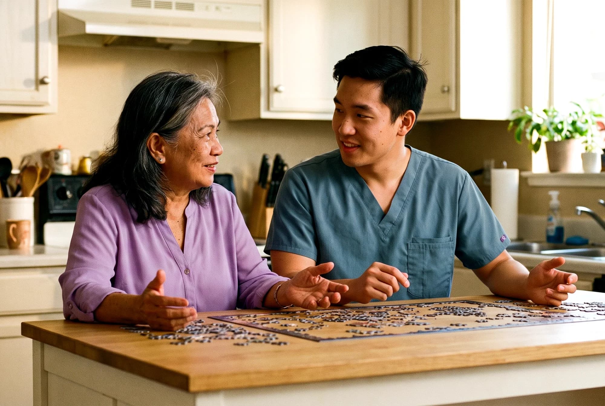 A caregiver and an older woman working on a jigsaw puzzle at the kitchen island