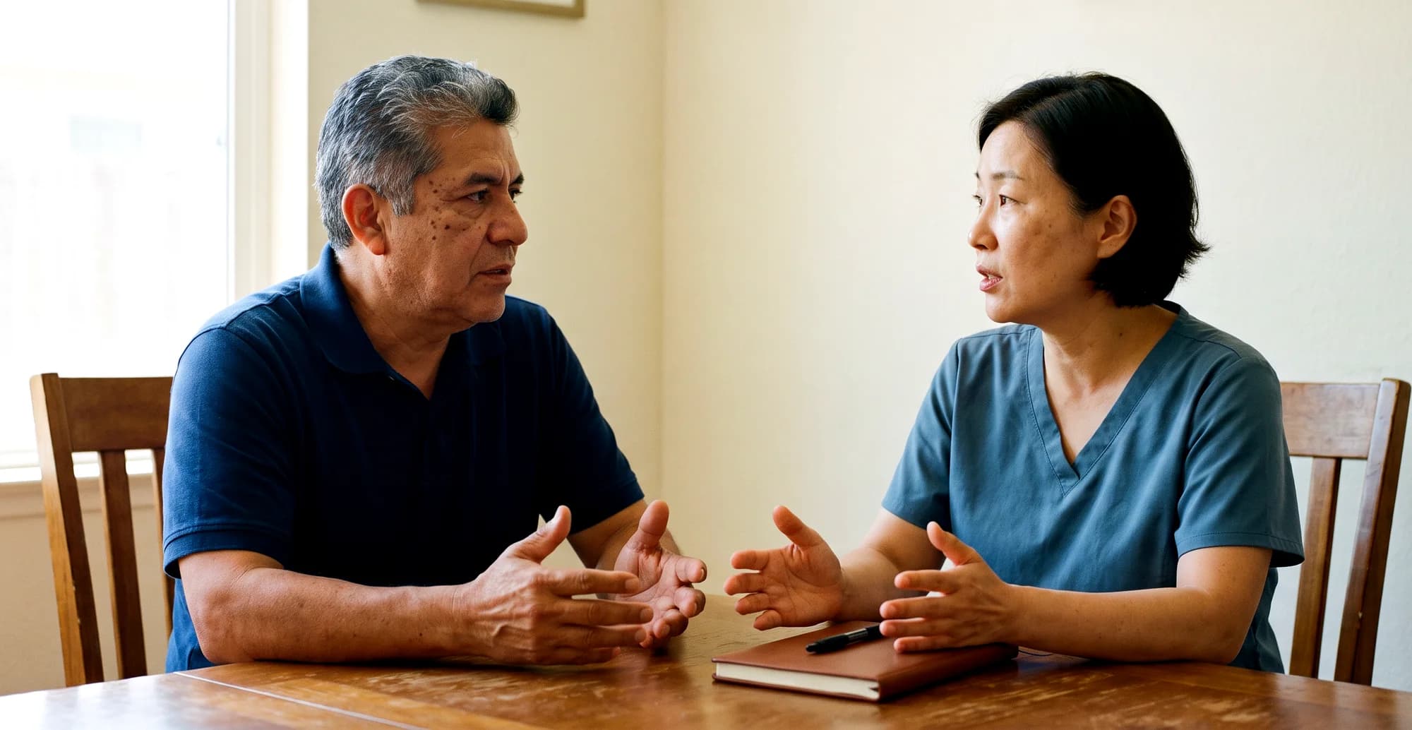 A family member briefing a caregiver in teal scrubs at the dining table