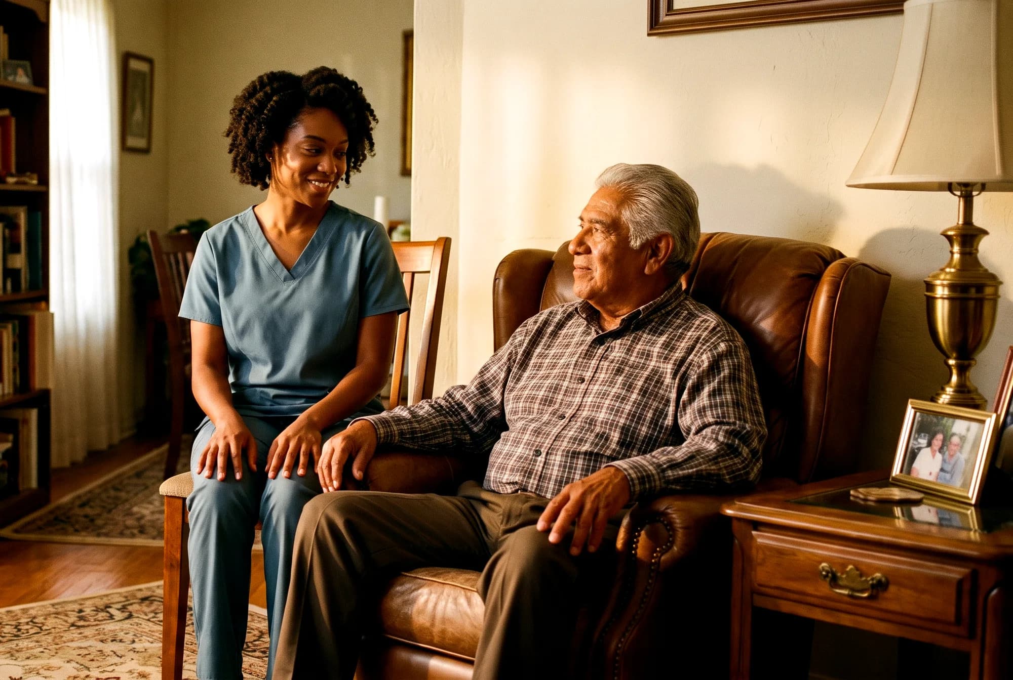 A caregiver in teal scrubs talking with an older man in his living room armchair